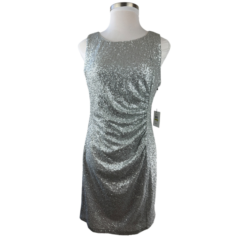 NWT Calvin Klein Sequin Ruched Sheath Shift Dress Silver Pleated Bodycon Size 14 - Picture 2 of 16